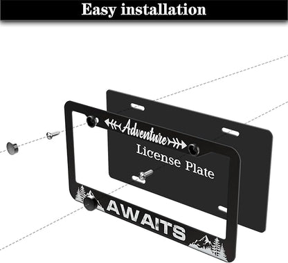 License Plate Frames for Men Black and White Car Plate Frames for Women Adventure Awaits Aluminum Metal Car Accessory 2 Pack with Screw Covers Set