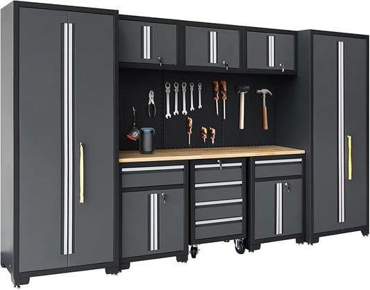 Garage Storage Cabinet System 9-Pcs Workshop Set Garage Cabinets and Storage System with Steel Cabinet Drawers, Rolling Chest, Workbench, Pegboard for Garage Tool Organization, Black and Grey
