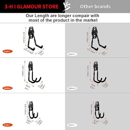 3-H Garage Wall Hooks 10 Pack, Heavy Duty Garage Hooks with Extra Welding Spots, Wall Mount Storage Organizer for Hanging Garden Lawn Tools, Chair, Shovel, Blower, Toolkit (Black)