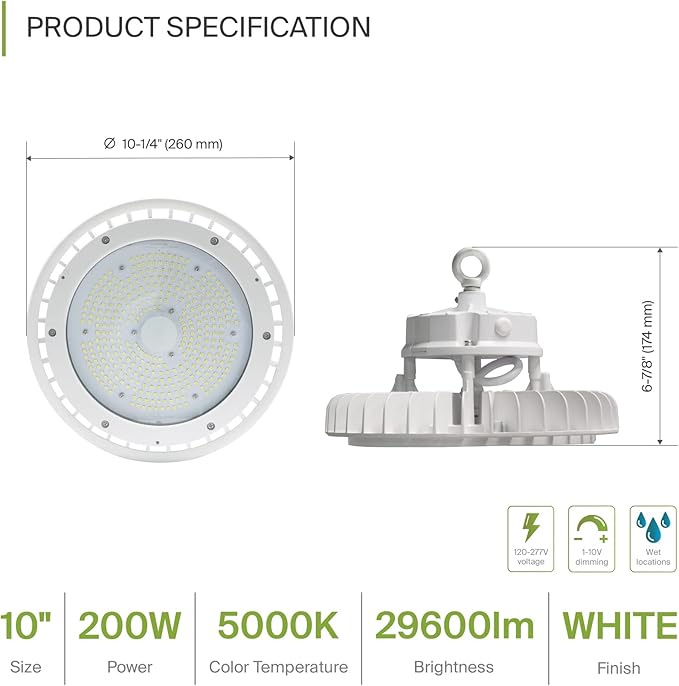 ASD LED High Bay UFO Light Fixture, Commercial Shop Lighting | Dimmable, IP69K Waterproof, DLC Premium, UL Listed | 200W 29600LM 5000K 100-277V | Warehouse, Garage, Workshop, Barn Lamp | White