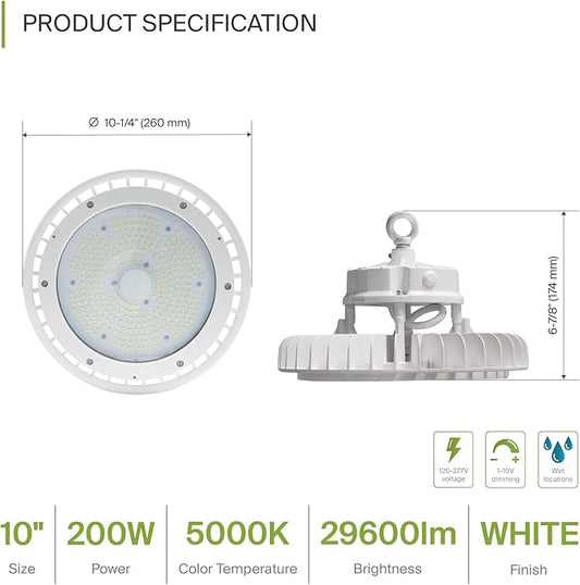 ASD LED High Bay UFO Light Fixture, Commercial Shop Lighting | Dimmable, IP69K Waterproof, DLC Premium, UL Listed | 200W 29600LM 5000K 100-277V | Warehouse, Garage, Workshop, Barn Lamp | White