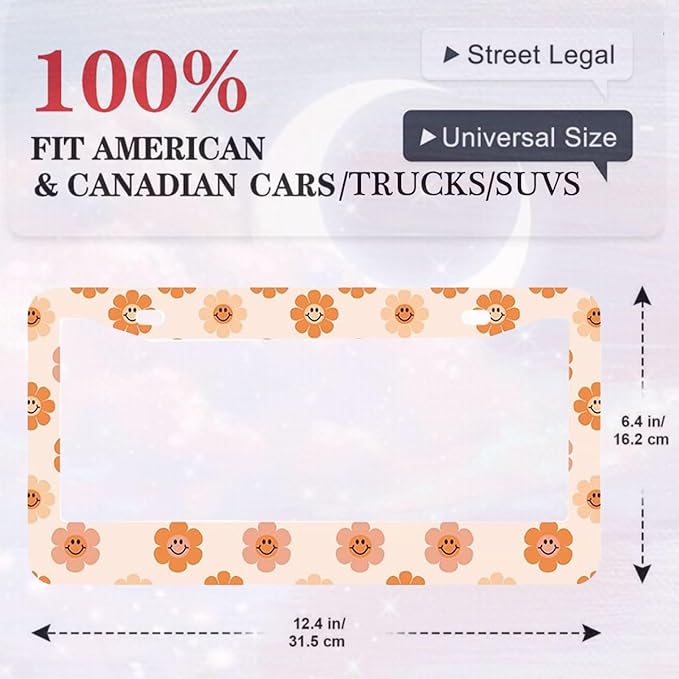 2 Pack Universal Smiley Face Flower License Plate Frame-Rustproof Aluminum Floral License Plate Frames for Women Men Fits All Vehicles, with Anti-Theft Screw Caps Included