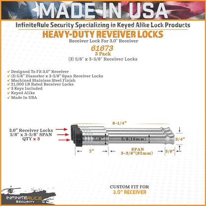61673 | 3 Pack, Keyed Alike, Receiver Locks for 3" Receiver