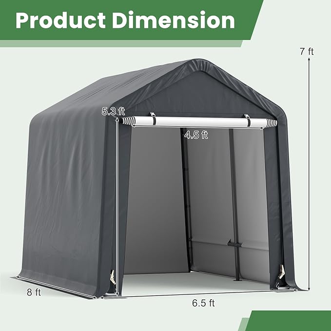 Tangkula 8x6.5Ft Portable Shed, Outdoor Storage Shelter with Waterproof Cover & Roll-up Zipper Door, Ratchet Strap, Heavy Duty Portable Storage Tents for Outside, Bikes, Garden Tools, Motorcycles