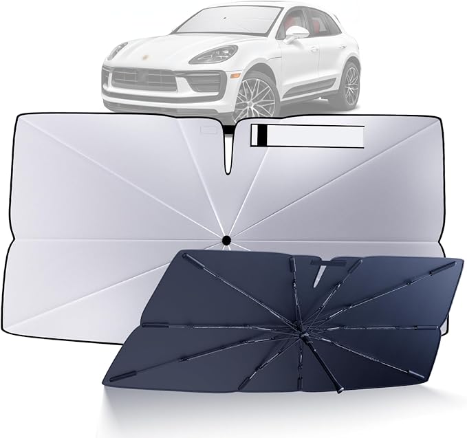 Compatible Windshield Sun Shade Umbrella for 2014-2024 Porsche Macan Accessories: Custom Fit 210T Silver, Foldable Front Window Sunshade, Blocks UV Rays, Keeps Car Cool for S/GTS/Turbo/T