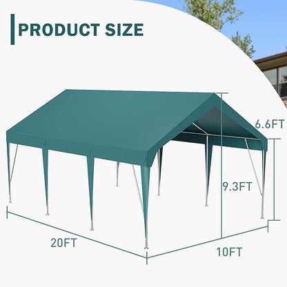 10x20ft Heavy Duty Carport Outdoor Car Canopy UV Resistant Waterproof Party Tent All-Season Portable Garage Gazebo Shelter for Car, Storage Shed (Dark Green)