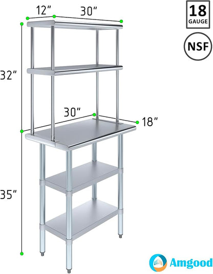 AmGood Stainless Steel Work Table with 2 Shelves | NSF (18" x 30" Table with 2 Shelves + 12" Overshelf)