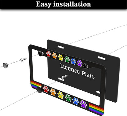 License Plate Frames for Women Multicolor License Plate Holder for Men Gay Rainbow Paw Universal Aluminum Car Accessory 2 Pack with Screw Covers Set