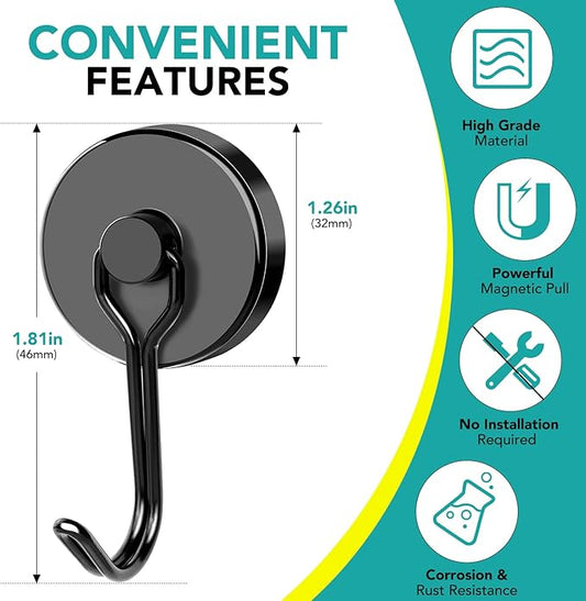 DIYMAG Black Magnetic Hooks,110LBS Strong Magnetics Heavy Duty, Magnet Hook with Metal Hanger for Hanging Refrigerator Home Kitchen Office, 4Pack