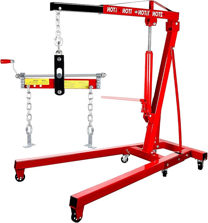 4400 Lbs Folding Cherry Picker, 2 Ton Engine Hoist with Lever, with 6 Casters, 8 Ton Hydraulic Pump 4 Adjustable Position, Engine Crane for Garage, Workshop, Repair, Red