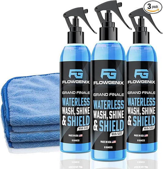Flowgenix™ Waterless Car Wash Spray - Grand Finale - Motorcycle Cleaner & Car Wax Spray Polish (8 oz) - Ceramic Coating - Incl. 2 Microfiber Towels - Quick Detailer Spray (3-Pack)