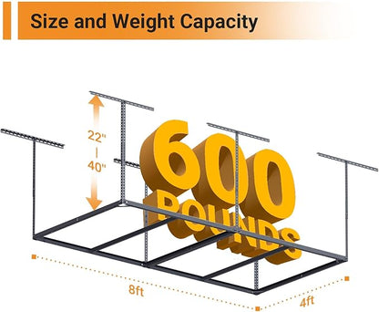 4x8ft Overhead Garage Storage Rack Wooden Decking Not Included, Heavy Duty Metal Rack, Adjustable Ceiling Dropdown, 600lbs Weight Capacity (Black)