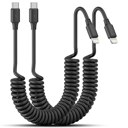 Coiled USB C to Lightning Cable 3FT, 2 Pack Short Car Charger Cord Fast Charging Retractable USB C to iPhone Cord for CarPlay Compatible with iPhone 14/13/12/11Pro/X/XR/8/7/6s/Plus