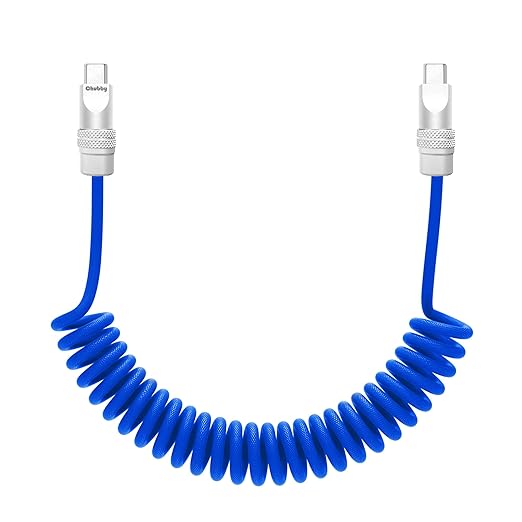 chubbycable Curly Chubby - Retractable Fast Charging Cable 240W Coiled Charger Cord for Car Durable USB-C Cable for Phones, Tablets and More, Dark Blue, Type-C to Type-C, 1.3FT-2.3FT