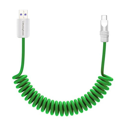 chubbycable Curly Chubby - Retractable Fast Charging Cable 240W Coiled Charger Cord for Car Durable USB-C Cable for Phones, Tablets and More, Green, USB-A to Type-C, 1.3FT-2.3FT
