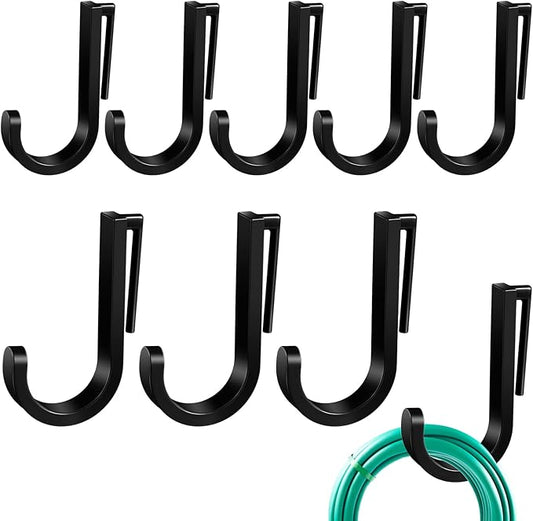 8 Pcs J Tool Hooks Plastic Multi Purpose Shed Organizer Accessories for Wall Black Shed Hanger Storage for Garage Hanging Shovel Rake Sports Equipment