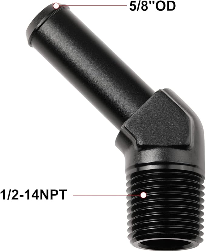 1/2 NPT Male to 5/8" Hose Barb Fitting Adapter 45 Degree Elbow Aluminum Black