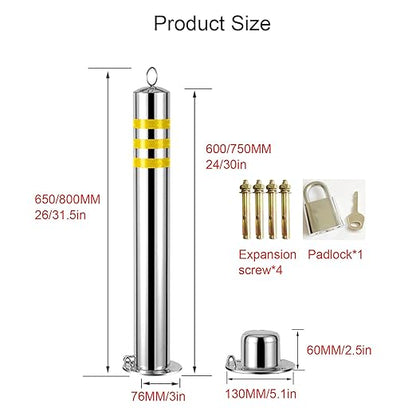 Safety Bollard, Steel Bollards, Removable Bollard, Driveways Stainless Steel Security Posts with 4 Anchor Bolts, for Parking Barrier, Road Safety(Size:750mm/30in)