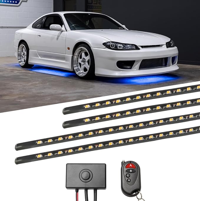 LEDGlow 4pc Blue LED Flexible Car Slimline Underbody Underglow Accent Neon Lighting Kit - 4 Unique Patterns - Water Resistant, Low Profile Light Tubes - Includes Control Box & Remote