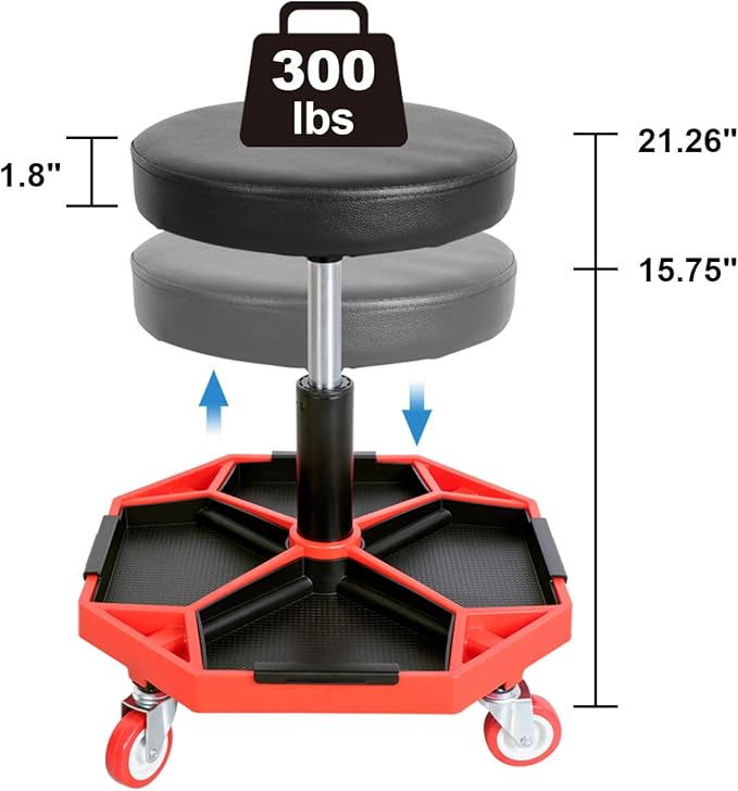 Torin ATRXF8308B Pneumatic Mechanic Stool/Rolling Shop Creeper Seat with Adjustable Height and 4 Removable Tool Trays, 300 lb Capacity, Black/Red