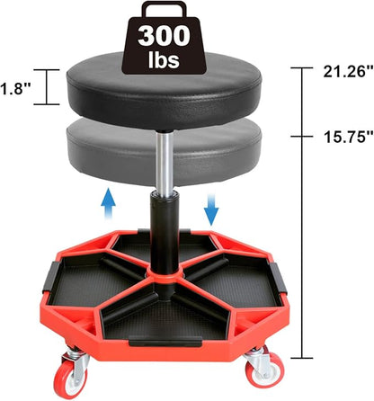 Torin ATRXF8308B Pneumatic Mechanic Stool/Rolling Shop Creeper Seat with Adjustable Height and 4 Removable Tool Trays, 300 lb Capacity, Black/Red