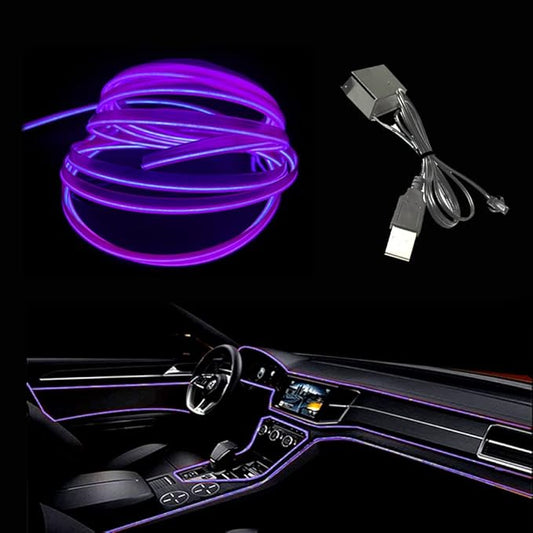 El Wire Purple Interior Car LED Strip Lights, 5M Neon Wire USB 5V with Fuse Protection for Automotive Interior Decoration, with 6mm Sewing Edge
