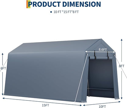7x15FT Outdoor Storage Shed, Portable Carport with Roll-up Ventilated Zipper Door and Windows, Heavy Duty Waterproof Tarp, Storage Sheds for Motorcycle, Bike, Firewood, Garden Tools