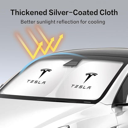 300T Sunshade for Tesla Model Y Model 3, Car Accessories 2025 for Tesla, Front Window Sunshade with Organizer Bag, Gifts for Tesla Owners (Blue)