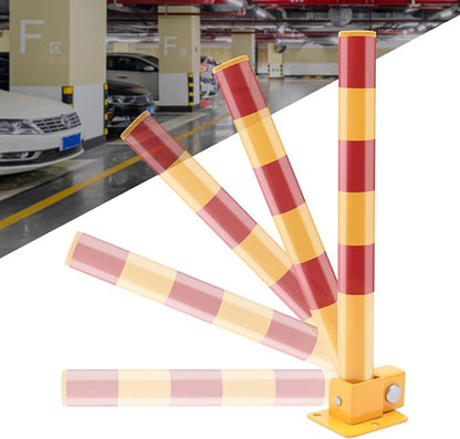 Spring Parking Post Wall Mount Parking Barrier with Lock Folding Metal Parking Obstacle Piles with Warning Stripes Driveway Parking Interceptor Bollard for Parking Lot -Red/Yellow (5.1*4.3*23.6in)