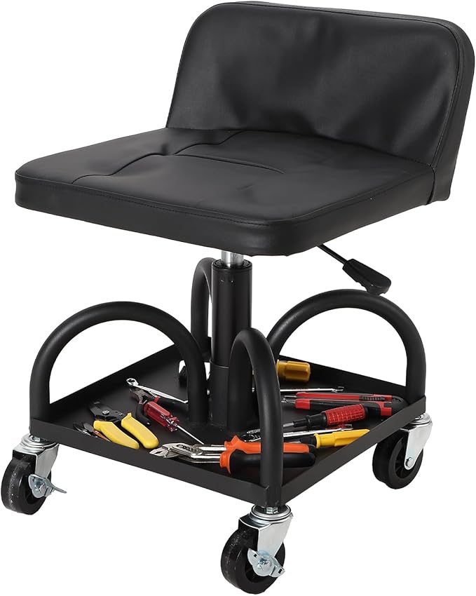 Garage Stool, 19”-25” Adjustable Rolling Mechanic Stool with Universal Wheels, Removable Magnetic Tool Tray, 300LBS Capacity, Roller Creeper Seat, Shop Chair