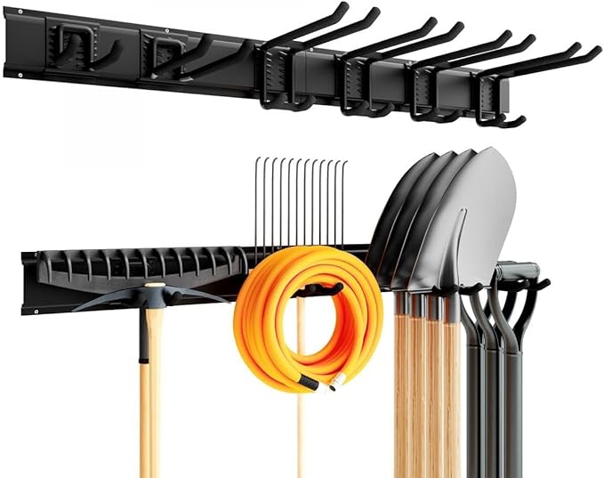 Garage Tool Organizer Wall Mount, Garage Storage, Garage Organization,64 Inch Garage Organizer Wall Mounted,4 Rails and 10 Adjustable Hooks,Max 550lbs (Black)