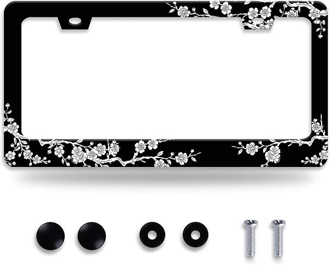 Cherry Blossoms License Plate Frame Beautiful Floral License Plate Frames for Car Decorative Parts Stainless Stee License Plate for Standard Us Canada Funny License Plate Holder 12x6 in for Men Women