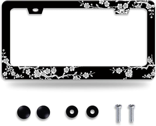 Cherry Blossoms License Plate Frame Beautiful Floral License Plate Frames for Car Decorative Parts Stainless Stee License Plate for Standard Us Canada Funny License Plate Holder 12x6 in for Men Women