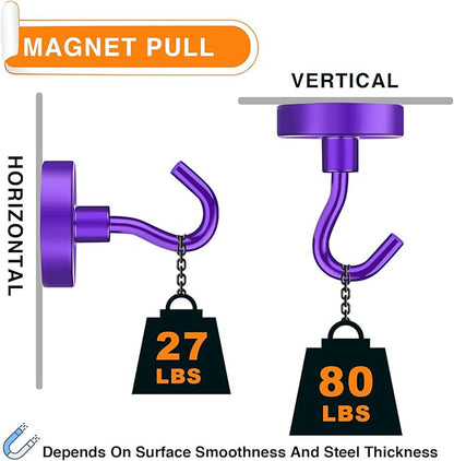 MIKEDE Magnetic Hooks,80LB Heavy Duty Magnets with Hook for Fridge, Super Strong Magnets Neodymium Extra Strength Industrial Hooks for Hanging, Toolbox, Cruise(Purple, 4 Pack)