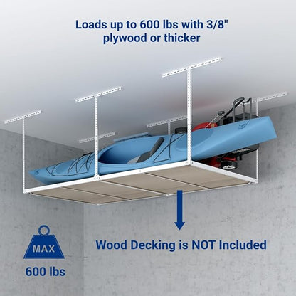 FLEXIMOUNTS 4x8 Overhead Garage Storage Rack without Decking, Garage Storage Organization System, Heavy Duty Metal Ceiling Storage Racks, 600lbs Weight Capacity, White