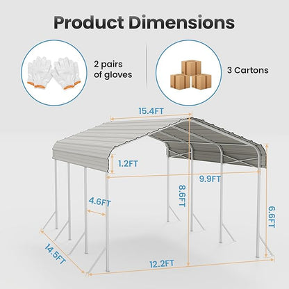 10X15ft Heavy Duty Metal Carport – Outdoor Galvanized Garage, Sturdy Structure, All-Weather Protection, Easy Assembly for Cars, Trucks, Boats, Tractors, and Outdoor Storage (White, 10x15FT)