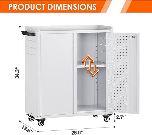 Garage Storage Cabinet with Wheels & Pegboard, 34.3" H Locking Metal Tool Storage Cabinet with Doors and Shelf & 4 Hooks for Garage, Home, Workshops, Assembly Required, White