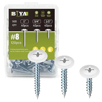 White Screws,#8 White Wood Screws 120pcs Thread Truss Head Fast Self Tapping White Pan Cabinet Screws Wood Work for Wall Plates, 1/2 Inch, 3/4 Inch, 1 Inch