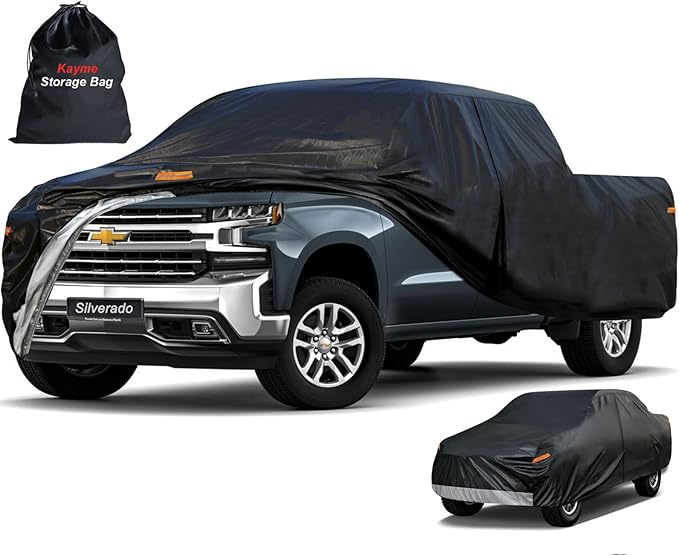 Kayme Truck Cover Custom Fit Chevy Silverado 1500(1998-2025) Crew Cab Short Bed. Full Exterior Heavy Duty Outdoor Pickup Truck Car Cover Waterproof All Weather.Car Tarp for Wind Sun Dust Protection.