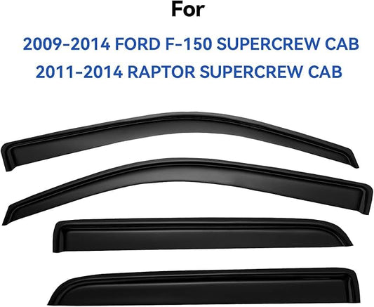 Window Visors Rain Guards for 2009-2014 Ford F150 SuperCrew Cab, Out-Channel Window Vent Wind Deflectors Visors Shades for 2010-2014 F-150 SVT Raptor Full-Size Cab