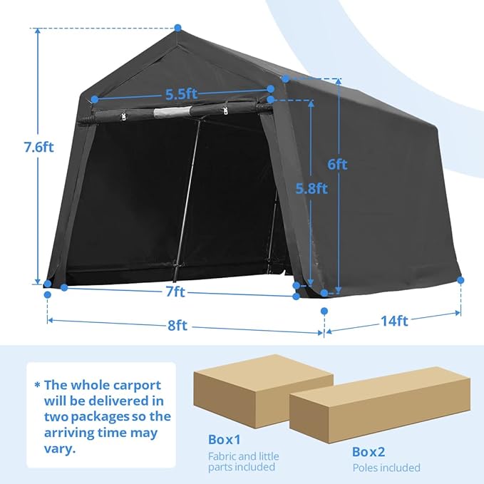 ADVANCE OUTDOOR 8X14 ft Steel Metal Peak Roof Portable Garage Shelter Storage Shed Carport for Motorcycle Bike or Garden Tools with 2 Roll up Doors & Vents, Gray