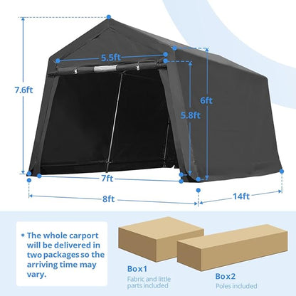 ADVANCE OUTDOOR 8X14 ft Steel Metal Peak Roof Portable Garage Shelter Storage Shed Carport for Motorcycle Bike or Garden Tools with 2 Roll up Doors & Vents, Gray