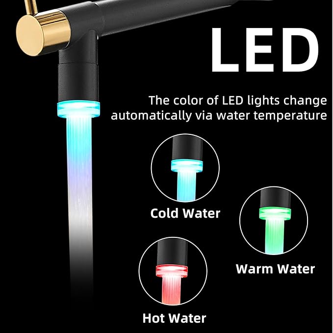 Fapully LED Kitchen Faucet with Pull Down Sprayer,Black&Gold Commercial Kitchen Faucet for Kitchen Sink