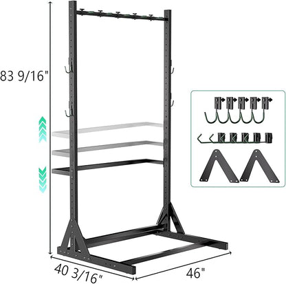 JWX Freestanding 5 Bike Rack, Heavy Duty Floor Bike Stand with Triangle Support Panels, Adjustable Rubber-Coated Hooks, Gear Accessory Holders, Easy Assembly
