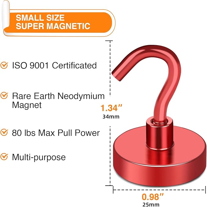 MIKEDE Magnetic Hooks Heavy Duty, 80LB Strong Magnet with Hook for Fridge, Super Neodymium Extra Strength Industrial Hooks for Hanging, Magnetic Hanger for Toolbox, Cruise, Grill(Red,4 Pack)