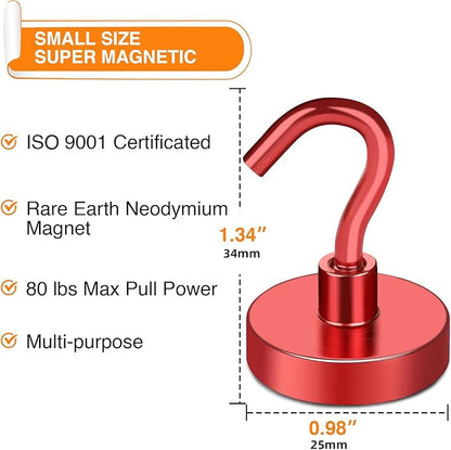MIKEDE Magnetic Hooks Heavy Duty, 80LB Strong Magnet with Hook for Fridge, Super Neodymium Extra Strength Industrial Hooks for Hanging, Magnetic Hanger for Toolbox, Cruise, Grill(Red,4 Pack)