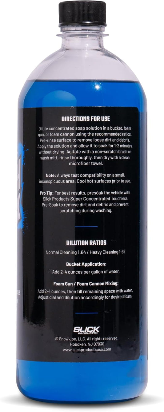 Slick Products Wash & Wax Extra Thick Foaming Cleaning Solution Motorcycle, Truck, Trailer, Boat, Car Wash Soap - Works With Foam Cannon, Foam Gun, Sprayers, Buckets, 32 oz., Tropical Scent