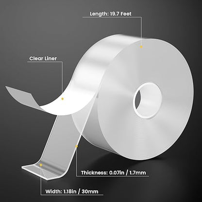 Double Sided Tape Heavy Duty Adhesive Tape Mounting Tape, Wall Sticky for Hanging, Nano Two Sided Tapes Strong Removable Wall Sticky Strips for Car, Home, Office - 19.7FT x 1.18IN