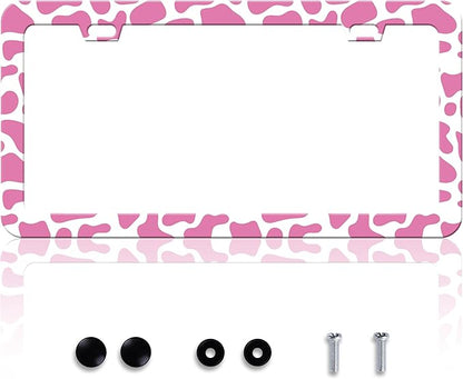 Pink Cow Print License Plate Frame Animal Texture License Plate Frames Personalise Stainless Steel Funny Design Compatible with Standard License Plate Holder for USA Canada 6 X 12 Inch with Screws