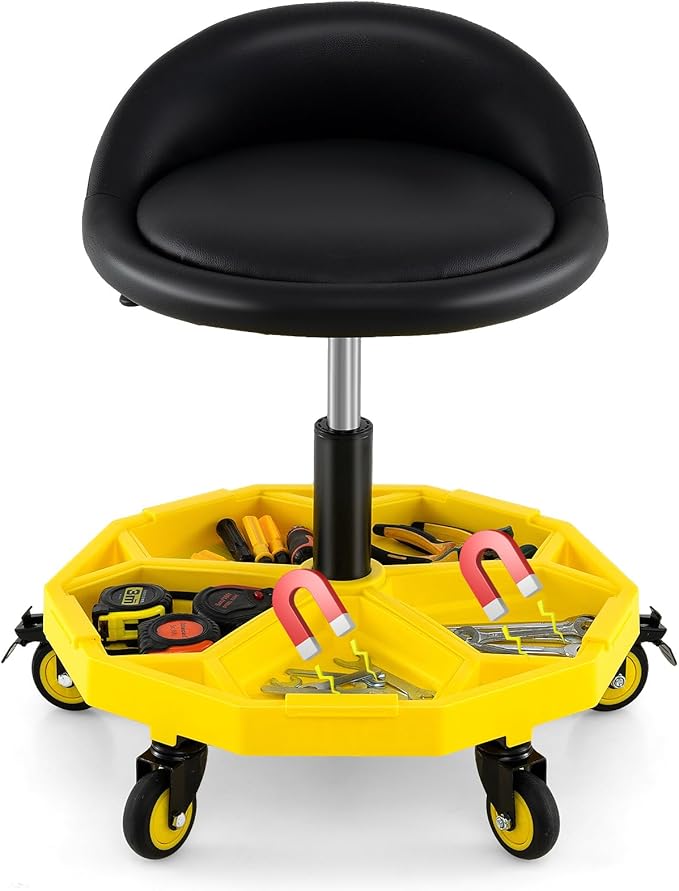 Goplus Rolling Garage Stool, 20”-25” Height Adjustable Mechanic Stool w/Magnetic Tool Tray, 2.5" Thick Padded Seat, Universal Lockable Wheels, Pneumatic Creeper Seat for Repair Shop, 350LBS Capacity